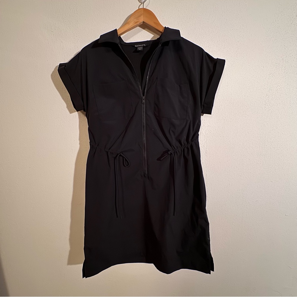 Athleta Black Short Sleeve Zip-Up Dress - Medium Tall